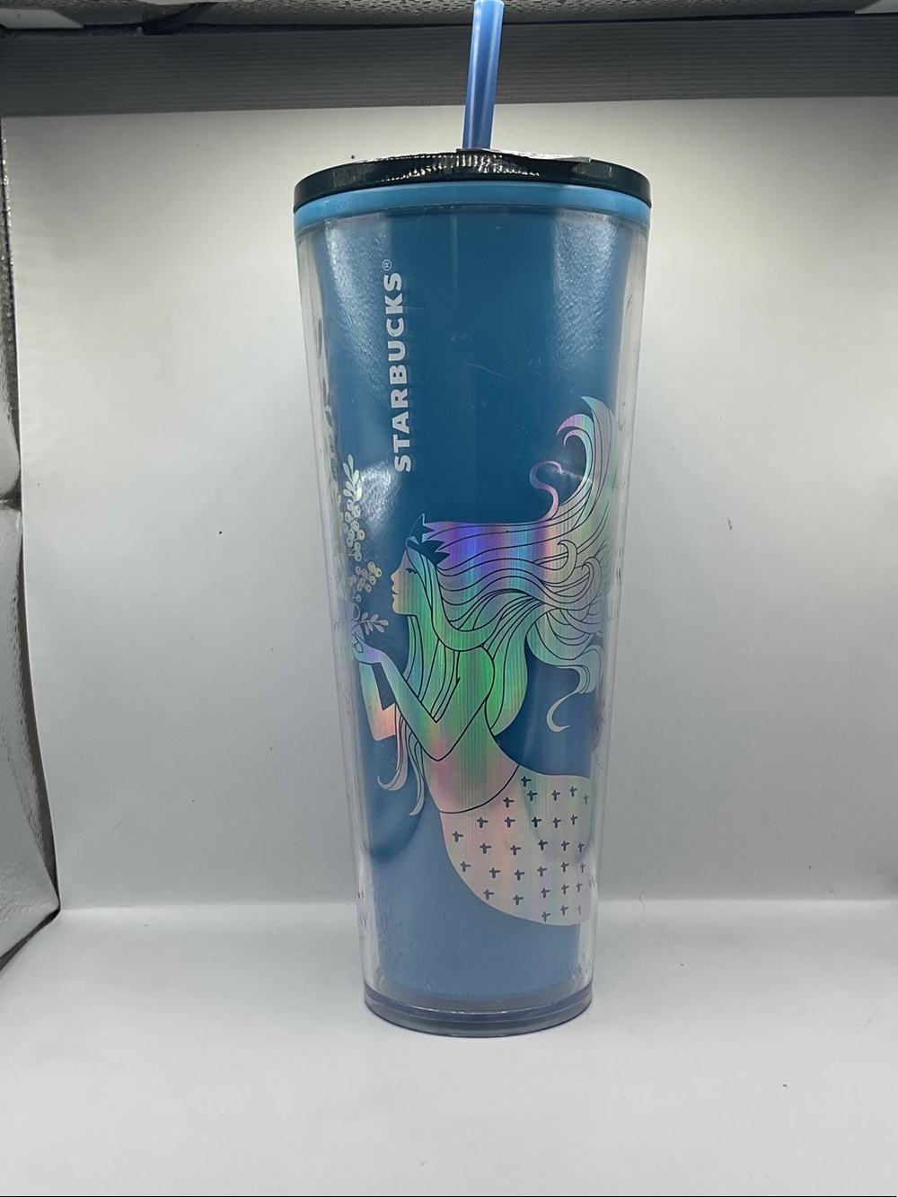 Starbucks Blue Tumbler with Iridescent Mermaid Art and Blue Straw